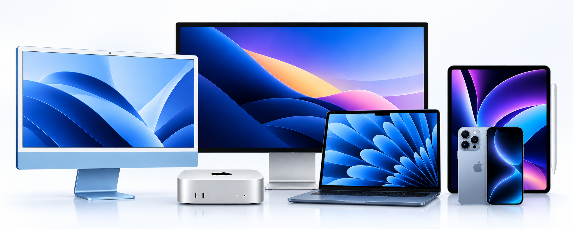 Apple product range including desktop, notebook, iPhone and iPad devices